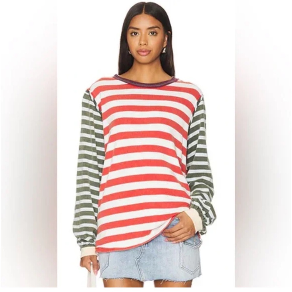 Free People Striped Long-Sleeve Top in Red, White & Olive